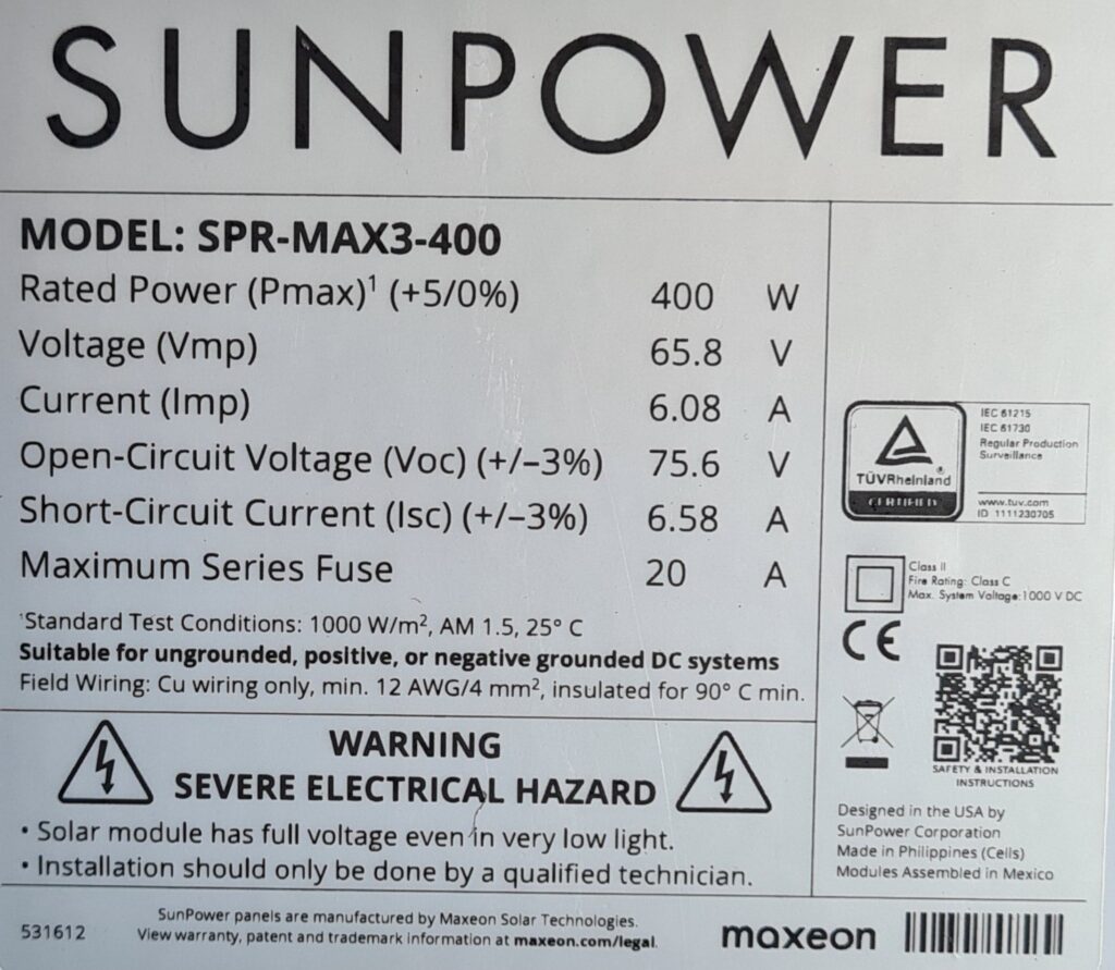 Sunpower Maxeon 3 (400W, 65.8V, 6.08A)